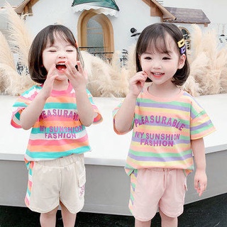 Pakaian kanak-kanak niñas conjunto 2021 verano instalación red semilla roja bebé arco iris rayas manga corta conjunto hipster algodón de dos piezas conjunto