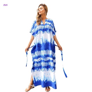 Vestido De playa dus para mujer con cuello V/estampado Kaftan/óptico/Azul/blanco/con cinturón/talla grande