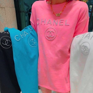 100% algodón rosa polera coreano top largo de manga corta mujeres carta reflectante camiseta moda chanel versátil ropa suelta media manga moda tops (2)