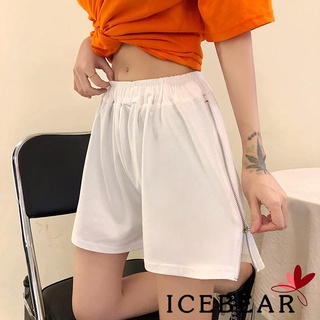 Ice-women pantalones cortos de estilo suelto de Color sólido elástico de cintura alta recta pierna pantalones