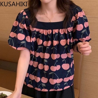 Kusahiki Fashion Cherry impreso blusa Mujer Puff manga cuello cuadrado camisas 2021 nueva Causal Top Blusas Mujer De Moda 6K810