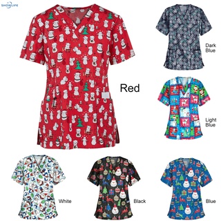 Women's Nursing Scrub Tops Printed Uniform Merry Christmas Flowers Shirt Short Sleeve T-shirt