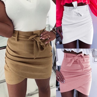 duingjin mujeres color sólido delgado cintura alta vendaje cinturón asimétrico bodycon mini falda