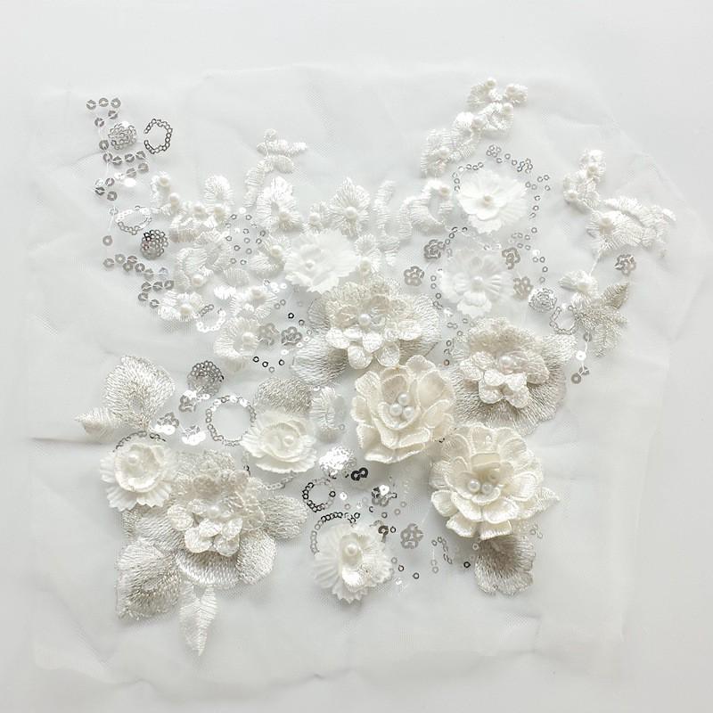 Marfil bordado flor perla diamantes de imitación apliques lentejuelas encaje tela vestido de novia decoración artesanía DIY (1)