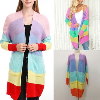 las mujeres de la moda arco iris cardigan otoño invierno suéter de punto abrigo de manga larga outwear