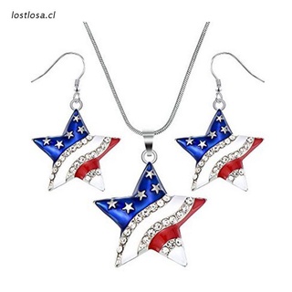 los Pentagram USA Flag Necklace + Dangle Earrings American Flag 4th of July Independence Day Pendant Jewellery Gift for Women Girls