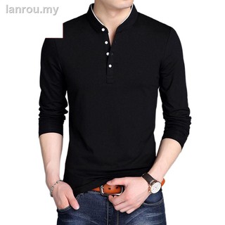 Camiseta de algodón de manga larga para hombre, cuello de Color sólido, camisa Casual