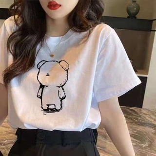 Camiseta de manga corta femenina floja media manga de fondo impresión de camisa