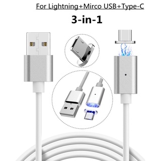 【Ready Stock】3-in-1 Magnetic Charging Data Transmission Cable for IPhone IOS Android Type C with LED Fast Chaging Cable