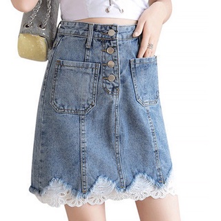 Women Jean Skirt Lace Hem High Waist Summer Clothing A-line Slim Cotton Skirt (3)