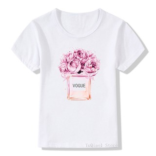 Vogue flores rosa Perfume botella impresión camiseta niña verano niños ropa niños camisetas blanco top para niña camiseta personalizada