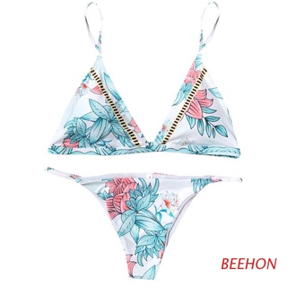 beehon mujeres sexy de dos piezas bikini conjunto de tirantes espagueti rayas cuello en v profundo sujetador boho color floral impreso traje de baño de corte alto triángulo fondos traje de baño
