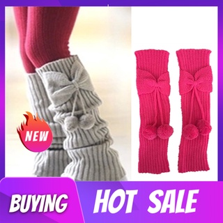 querenmim calentador de piernas bowknot bola caliente color sólido de punto calcetines para otoño invierno