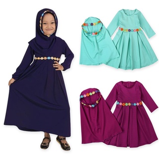 Bebé niña tendencia musulmán manga larga vestido niña niños flor cinturón de una sola pieza vestido+europeo estilo americano encaje turbante de dos piezas vestido de 3-8 años de edad