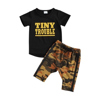 Soo-baby Boy manga corta + pantalones cortos, pequeño problema letra impresión camuflaje patrón ropa de verano