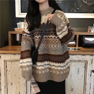 un tamaño retro japonés cuello redondo jersey suéter de las mujeres otoño/invierno coreano perezoso estilo suelto de manga larga de punto superior (7)