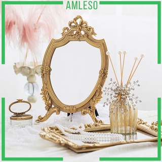 [AMLESO] Espejo de maquillaje dorado tallado estilo Retro, en forma ovalada, espejos de tocador para dormitorio