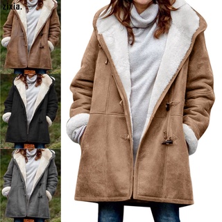 mujer abrigos cálidos de invierno ligero con capucha espesar chaquetas largas con botón de cuerno