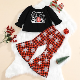 Hian-girls - juego de ropa de navidad, estampado de letras, manga larga, Tops, copo de nieve, pantalones de impresión de copo de nieve
