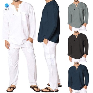 camisa de lino para hombre casual de pollo ojos con cordones de manga larga playa yoga suelto fit tops