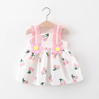 Baby Girl Summer Dress Fashion Korean Style Cherry Print Flower Sweet Princess Dress with Straps
