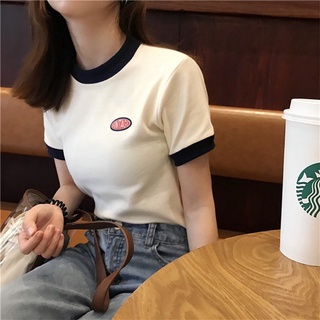 Verano De Las Mujeres Coreanas chic retro Contraste Impreso Manga Corta Camiseta slim fit Corto Fondo Camisa Top
