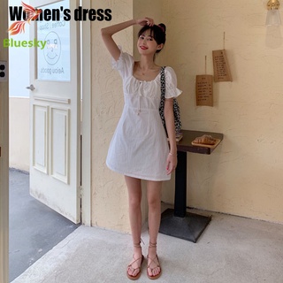 mujer vestido blanco poliéster cuello cuadrado manga puff falda corta para el verano