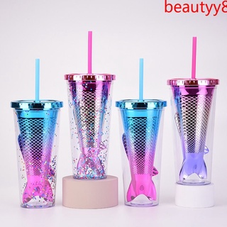 ♥✨ ADA 350ml double-layer plastic straw cup gradient mermaid tail electroplating drink cup juice fish tail sequined water cup beautyy8