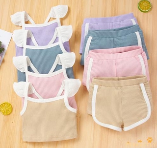 pft7-0-18 meses conjunto de niñas recién nacidas manga mosca cuello cuadrado tops acanalados pantalones cortos elásticos para bebés