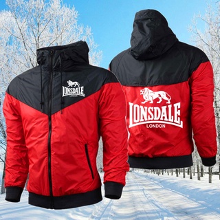 Nueva moda Lonsdale Logo Outwear cremallera cortavientos hombres impermeable chaqueta con capucha abrigo Patchwork invierno (2)