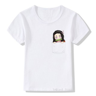 Demon Slayer bolsillo impresión camiseta niñas divertido verano tops ropa de niños harajuku kawaii camiseta niñas blanco manga corta camiseta