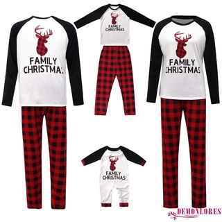 Demq-matching pijamas de navidad familiar, ciervo de manga larga raglán Tops + pantalones cuadros conjunto Loungewear