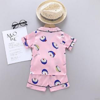 Ruiaike verano bebé niños niñas seda satén pijamas conjunto de dibujos animados de manga corta blusa Tops +pantalones cortos 2pcs ropa de dormir (3)