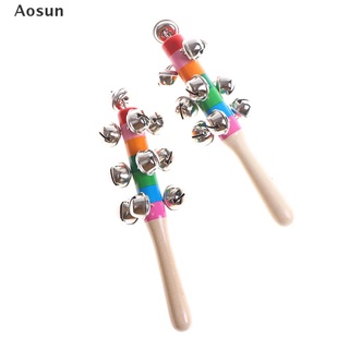 [Aosun] Wooden Stick Rainbow Hand Shake Bell Rattles Baby Kids Children Educational Toy .