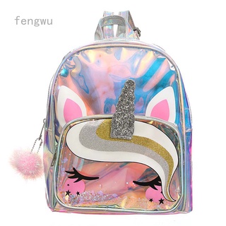 Fengwu hermoso vivo soleado día 97 unicornio sueño láser unicornio mochila TPU transparente tarjeta bolsa de niños mochila niña pequeña princesa bolsa escolar