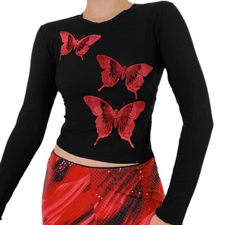 ✣Para☏Mujer Casual manga larga camiseta personalidad mariposa impreso cuello redondo expuesto ombligo Tops