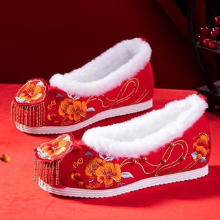 Xiuhe Zapatos De Las Mujeres s Invierno Nuevo Estilo Más Terciopelo Perla Borla Con Flecos Antiguo De Fondo Plano Chino Boda Nupcial