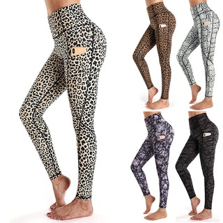 mujeres pantalones de yoga bolsillos estampado leopardo cintura alta entrenamiento polainas pantalones para correr