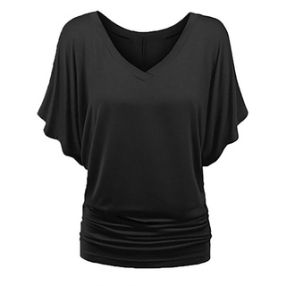 Nueva temporada de la moda de las mujeres más el tamaño sólido V-cuello de manga corta fruncido Top blusa T-shirt