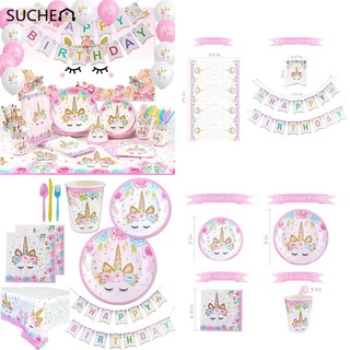 Suchen platos De unicornio/cubiertos rosados con dibujos animados/Feliz cumpleaños Para decoración De fiestas (1)