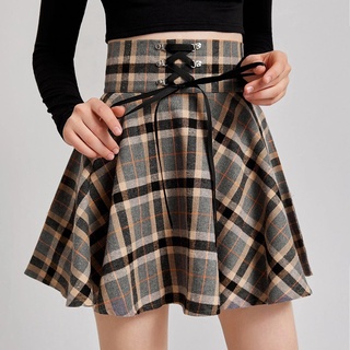 Women Fashion Retro Punk Plaid Print Skirt Strap Zipper Short Skirt (8)
