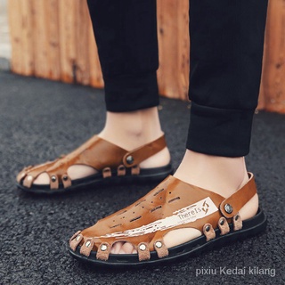 Hombres sandalias de cuero antideslizante diapositivas suela suave sandalia masculina Casual zapatos de moda QZ9j