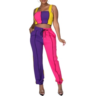 ✿Mv✫Conjunto de ropa Casual de dos piezas para mujer, Color surtido, cuello cuadrado, sin mangas, Tops + pantalones