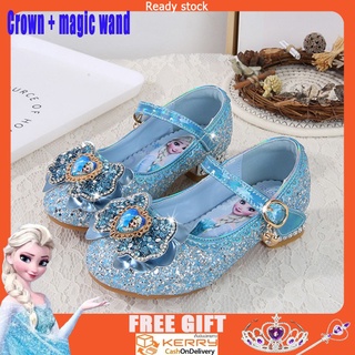 Nuevos zapatos congelados Disney Kids Elsa Queen's Girl zapatos de princesa de tacón alto zapatos de cristal de fondo suave "Kasut Rata"