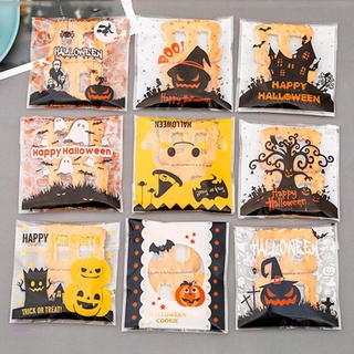 AOTO 100 Piezas De Halloween Caramelo Galleta Bolsa Autoadhesiva De Dibujos Animados Calabaza Bruja Fantasma Impresión Transparente Tratar O Truco Embalaje Bolsas De Aperitivos Para Panadería Postre Fiesta