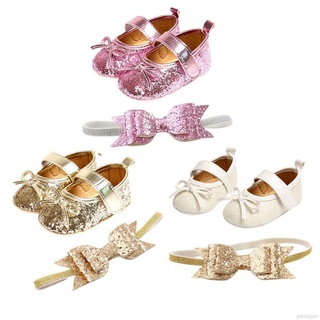 2 unids/set bebé niña princesa zapatos con diadema suela suave antideslizante calzado 0-18M Bowknot brillante cuna zapatos