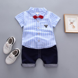 2 piezas de ropa de niño niño a rayas de manga corta polo +pantalones cortos (4)
