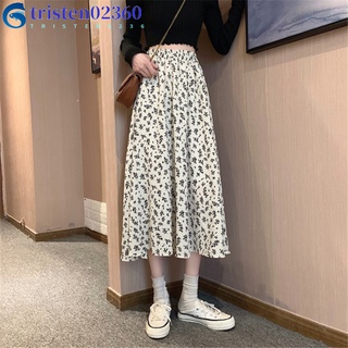 tristen02360 Women Skirt Loose Floral Printing Pattern Mid-length High-waist Chiffon Skirt