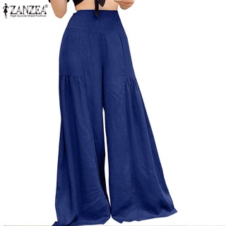 ZANZEA Mujeres Moda Elegante Color Sólido Cintura Alta De Piernas Anchas De Algodón Suelto Pantalones Largos