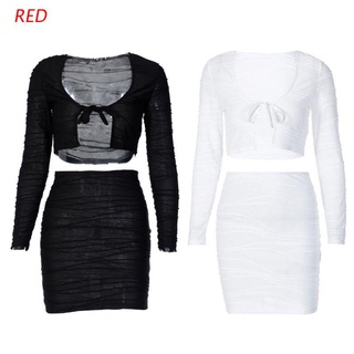 RED Women 2Pcs Pleated Solid Outfit Long Sleeve Tie Knot Crop Top Bodycon Mini Skirt